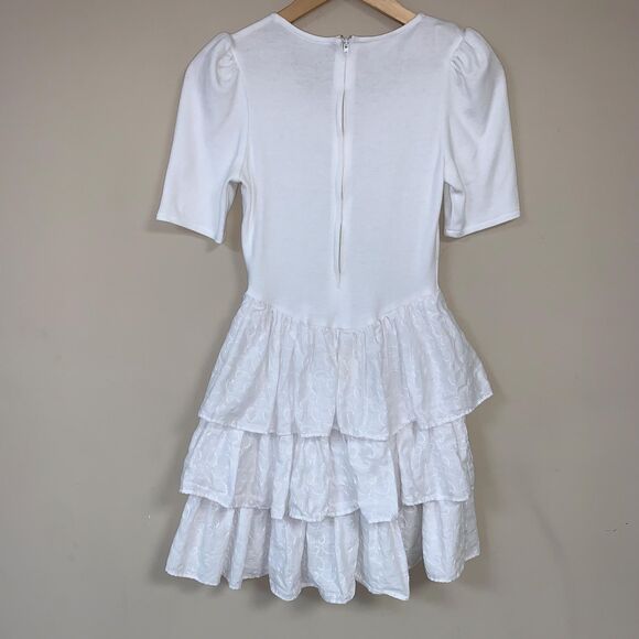 Vintage Dress 80s 90s Women's XS Puff Sleeve White Lace Ruffle Tired Dance Party - Picture 2 of 4